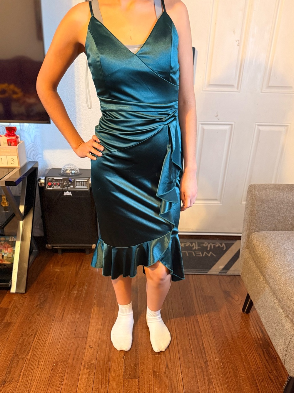 Honey and Rosie Teal Satin Wrap Midi Dress with Ruffle Hem